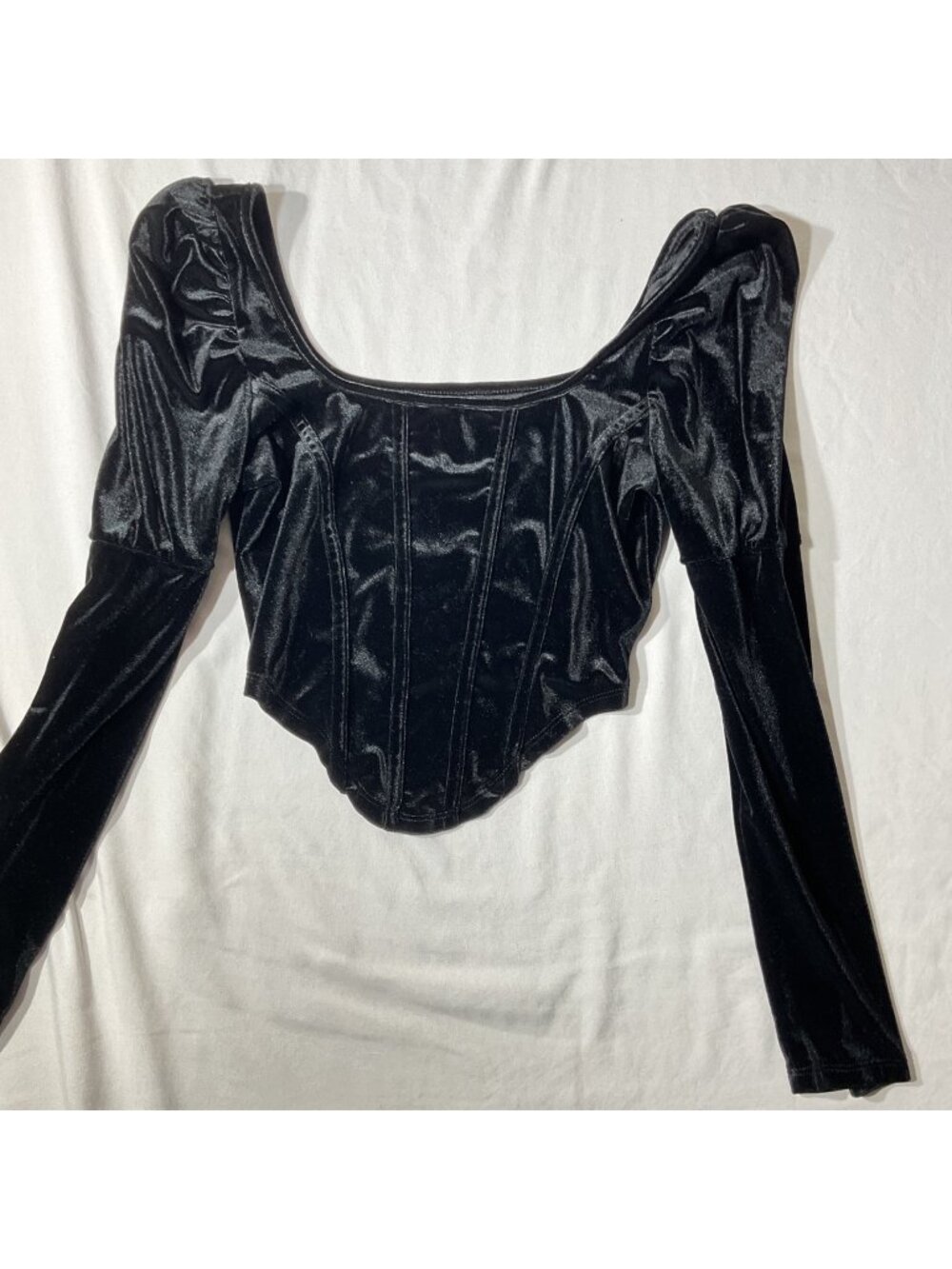 Black Velvet Long Sleeve Corset-Style Puff Shoulder Top Size M By Shein